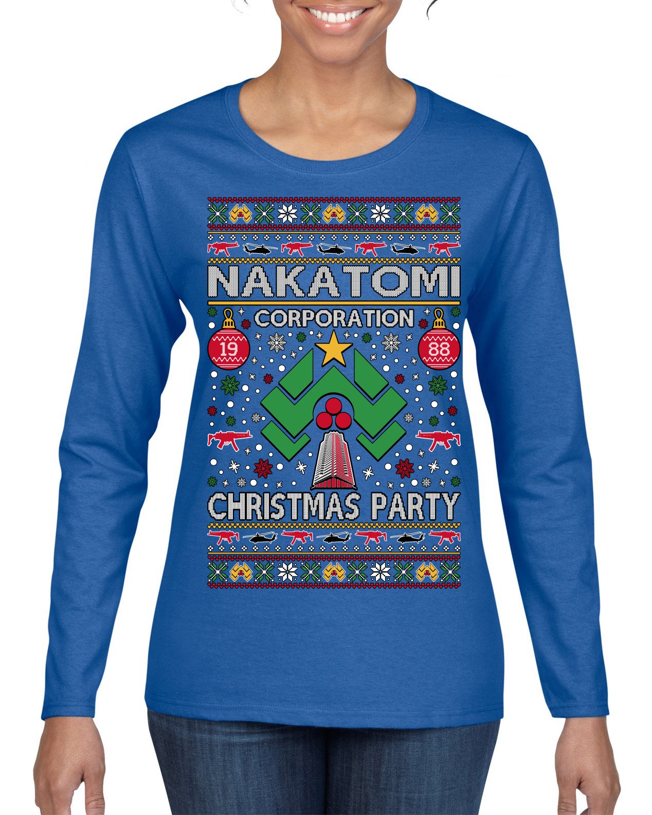 Nakatomi Corporation Christmas Party 1988 Plaza Logo, Classic Die Hard McClane 80s Xmas Movie Quote Ugly Christmas Sweater Womens Graphic Long Sleeve T-Shirt