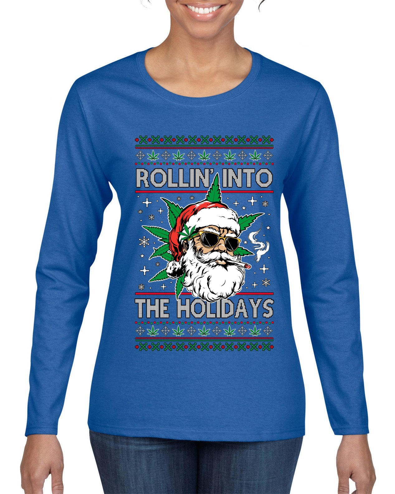 Rollin' Into The Holidays Christmas Sweater, Ugly Christmas Sweater Womens Graphic Long Sleeve T-Shirt