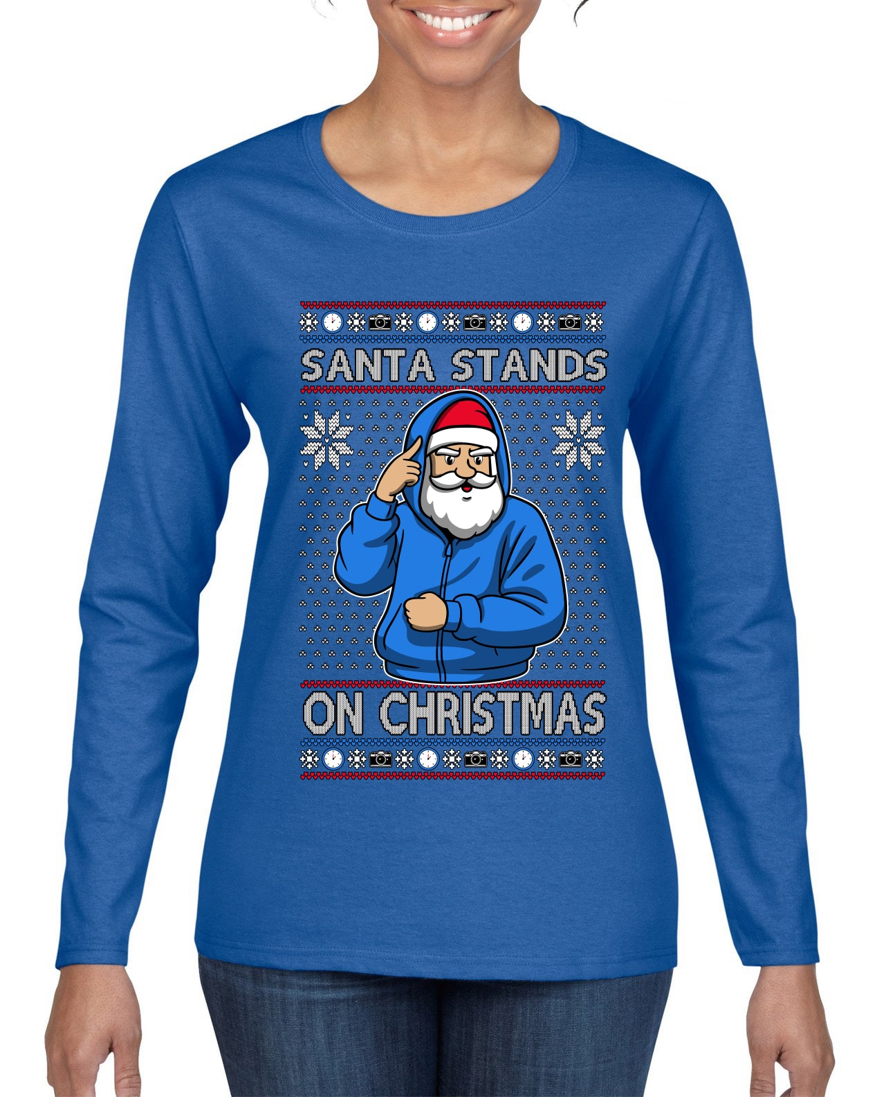 Santa Stands On Christmas, Ugly Christmas Sweater Womens Graphic Long Sleeve T-Shirt