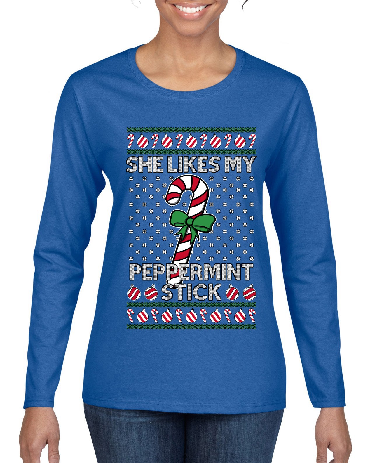 She Likes My Peppermint Stick, Ugly Christmas Sweater Womens Graphic Long Sleeve T-Shirt
