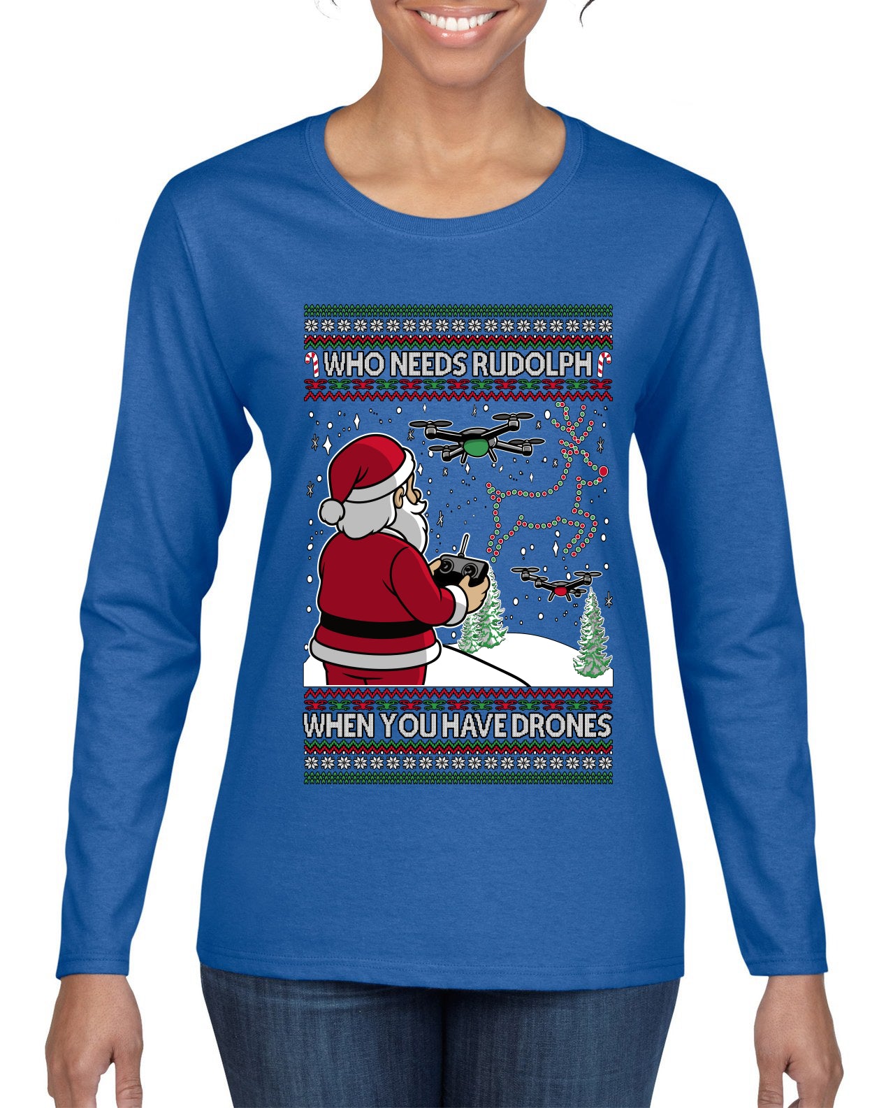 Santa Drone Show Reindeer, Ugly Christmas Sweater Womens Graphic Long Sleeve T-Shirt