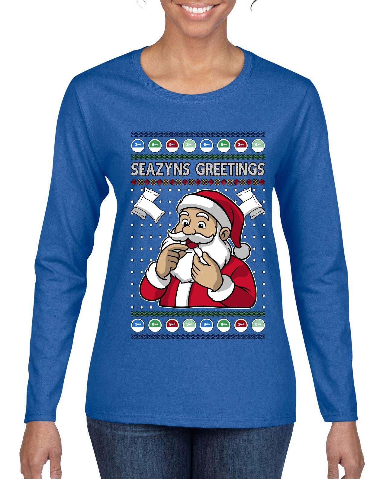 Seazyns Greeting Santa Packing Lip Pouch, Ugly Christmas Sweater Womens Graphic Long Sleeve T-Shirt
