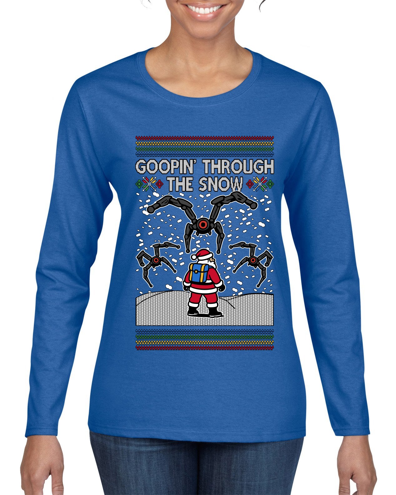 Goopin' Through The Snow Gamer Santa, Ugly Christmas Sweater Womens Graphic Long Sleeve T-Shirt