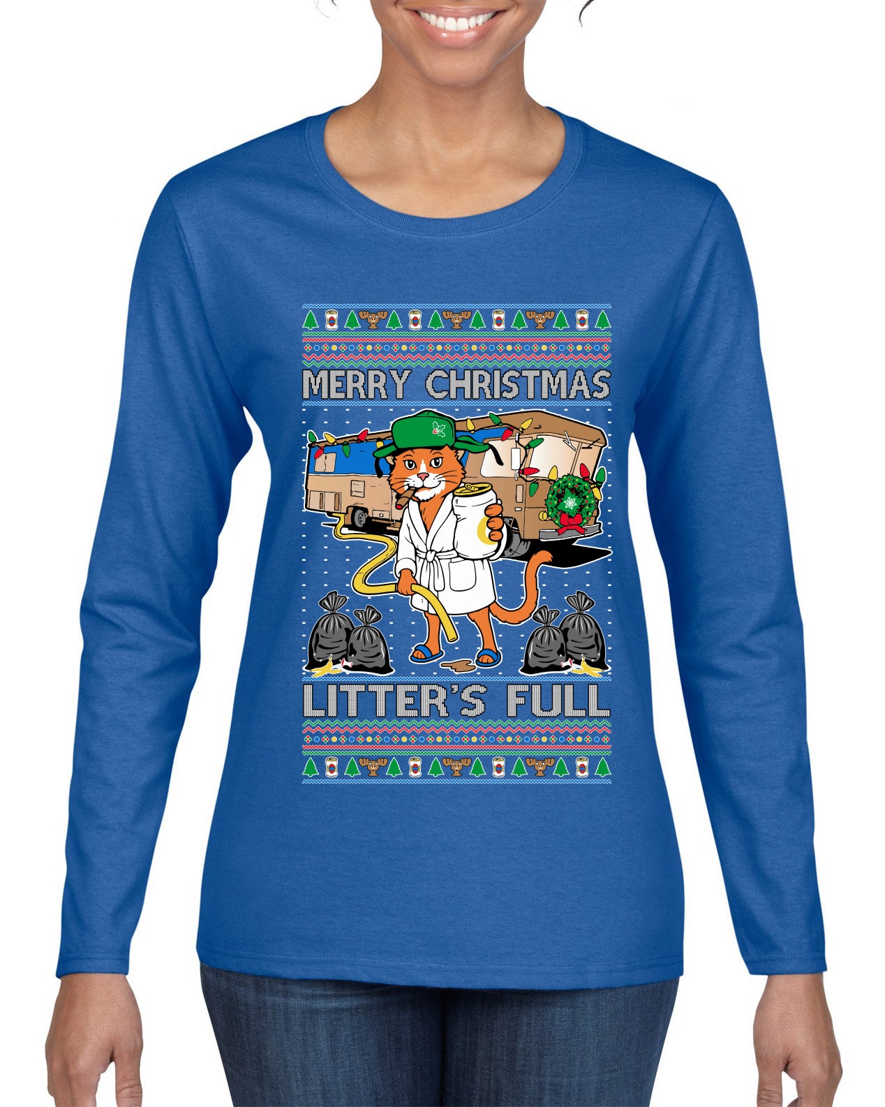 Litters Full Cat, Ugly Christmas Sweater Womens Graphic Long Sleeve T-Shirt