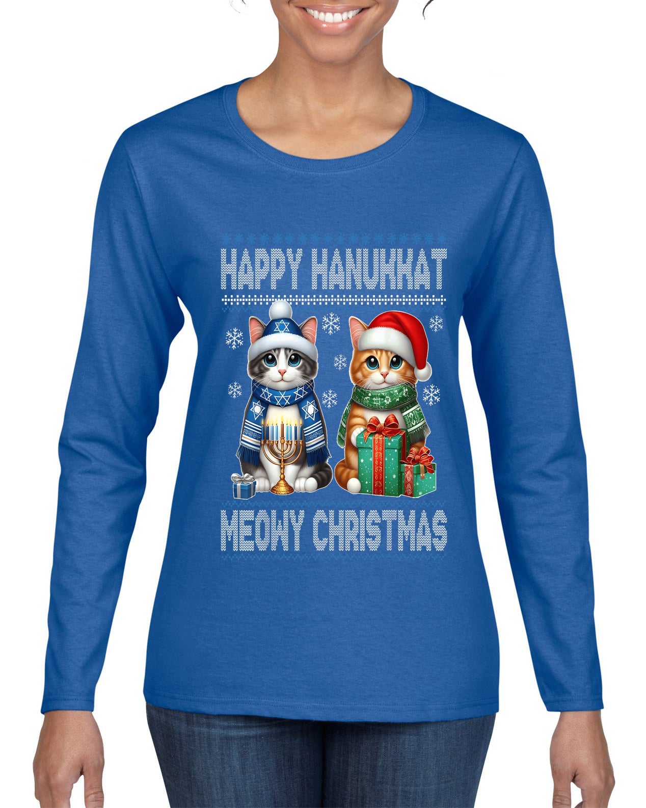 Happy Hanukkat Meowy Christmas, Ugly Christmas Sweater Womens Graphic Long Sleeve T-Shirt