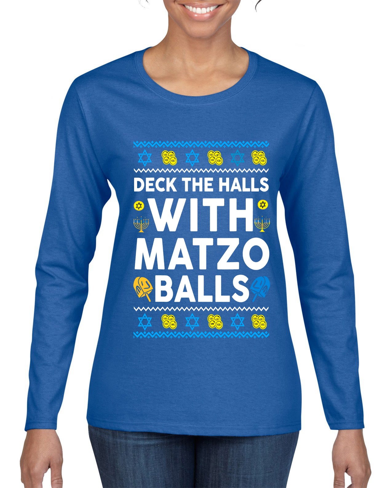 Deck The Halls With Matzo Balls Hanukkah, Ugly Christmas Sweater Womens Graphic Long Sleeve T-Shirt