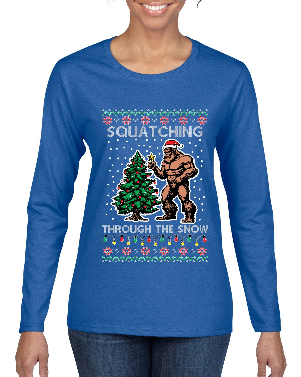 Squatching Through The Snow Bigfoot, Ugly Christmas Sweater Womens Graphic Long Sleeve T-Shirt