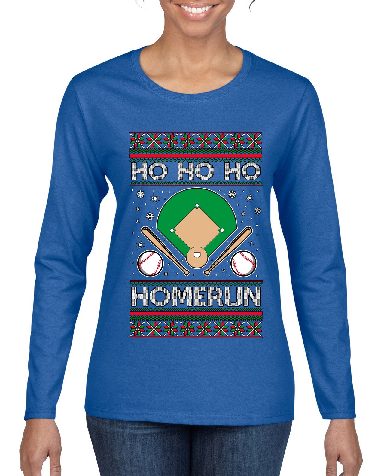 Ho Ho Ho Homerun, Baseball Fan Christmas Design, Ugly Christmas Sweater Womens Graphic Long Sleeve T-Shirt