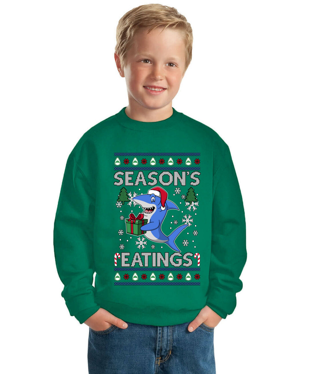 Season's Eatings Shark Ugly Christmas Sweater For Kids | Unisex Boys Girls Crewneck Graphic Sweatshirt