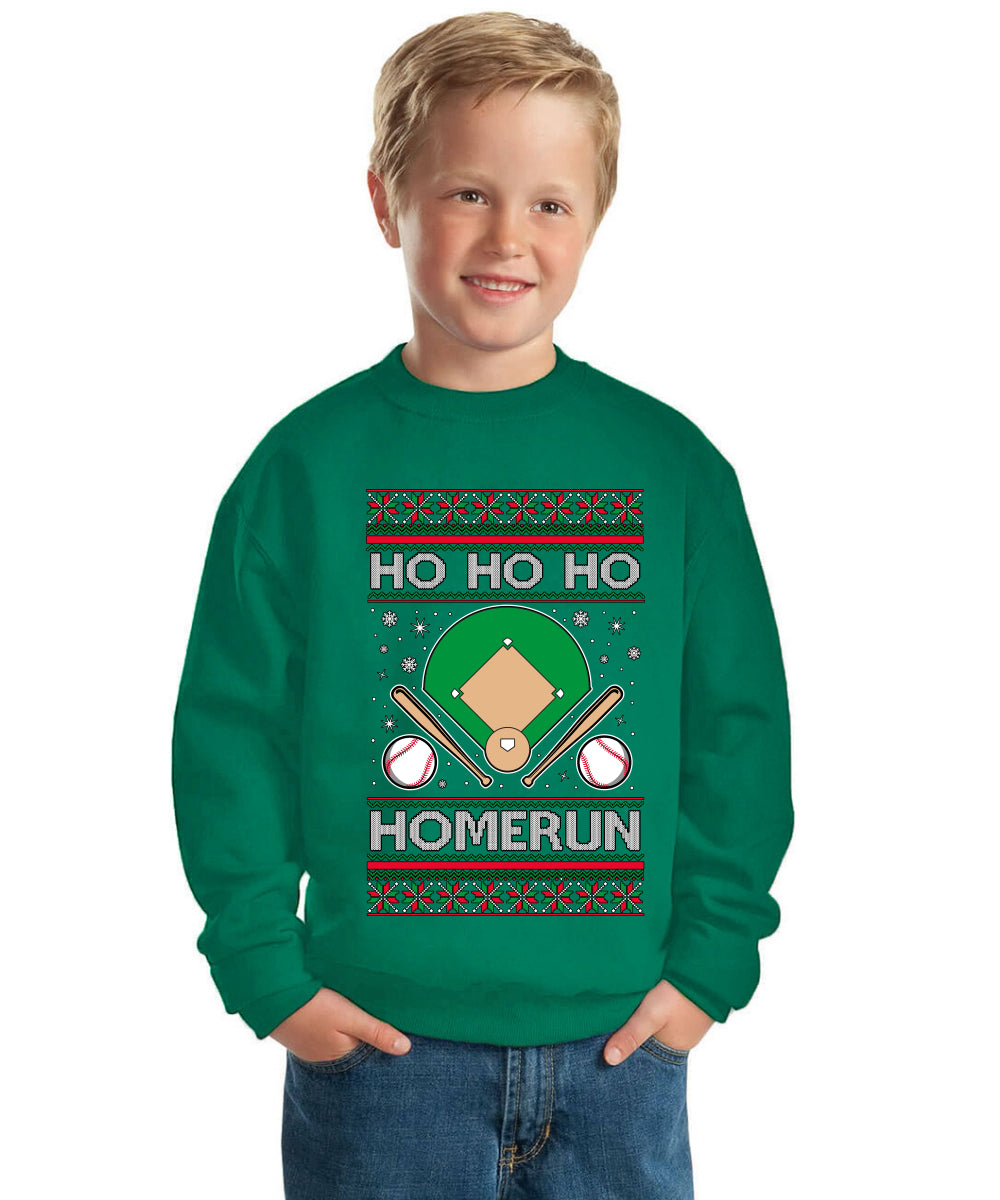 Ho Ho Ho Homerun, Baseball Fan Christmas Design Ugly Christmas Sweater For Kids | Unisex Boys Girls Crewneck Graphic Sweatshirt