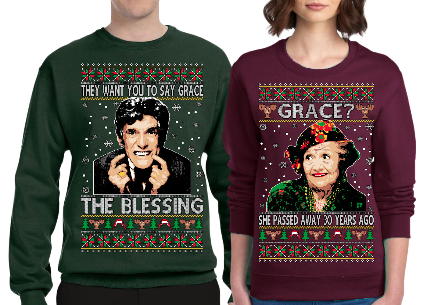 The Blessing Uncle Louis, Grace? She Passed Away 30 Years Ago Aunt Bethany Funny Ugly Christmas Matching Couples Crewneck Sweater