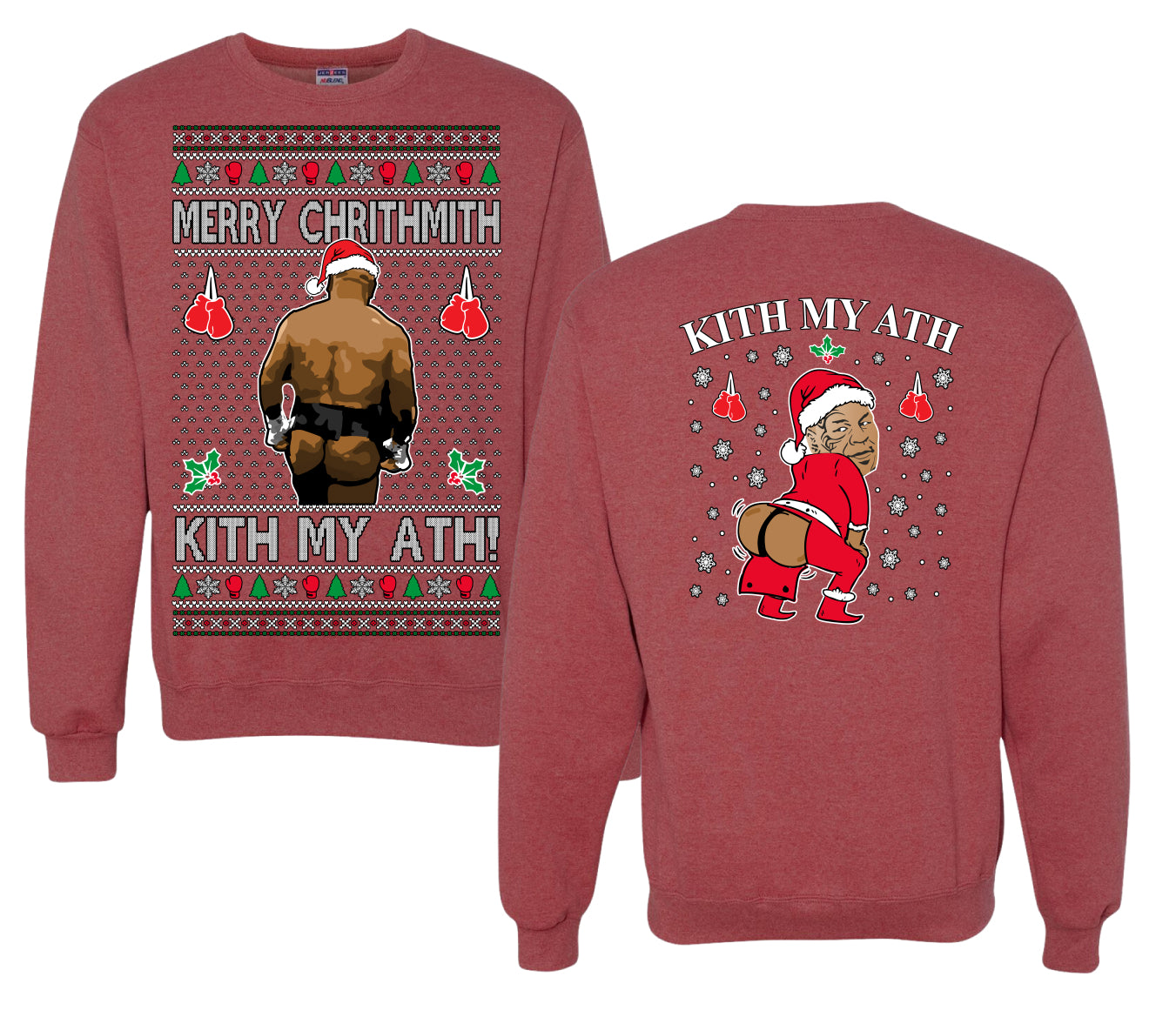 Merry Chrithmith Kith My Ath, Butt Viral Kiss My Ass Boxing Fight Meme, Funny Front and Back Unisex Ugly Christmas Sweater Crewneck Sweatshirt