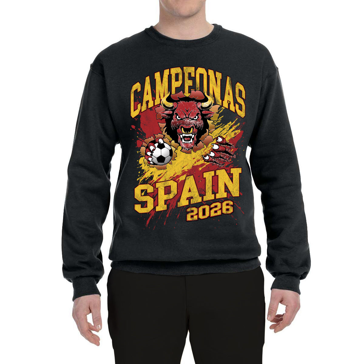 Spain Soccer Campeonas Fan Shirt Fierce Bull and Soccer Ball Spanish Game Day Gift Sports Sweatshirt Sports Unisex Crewneck Sweatshirt