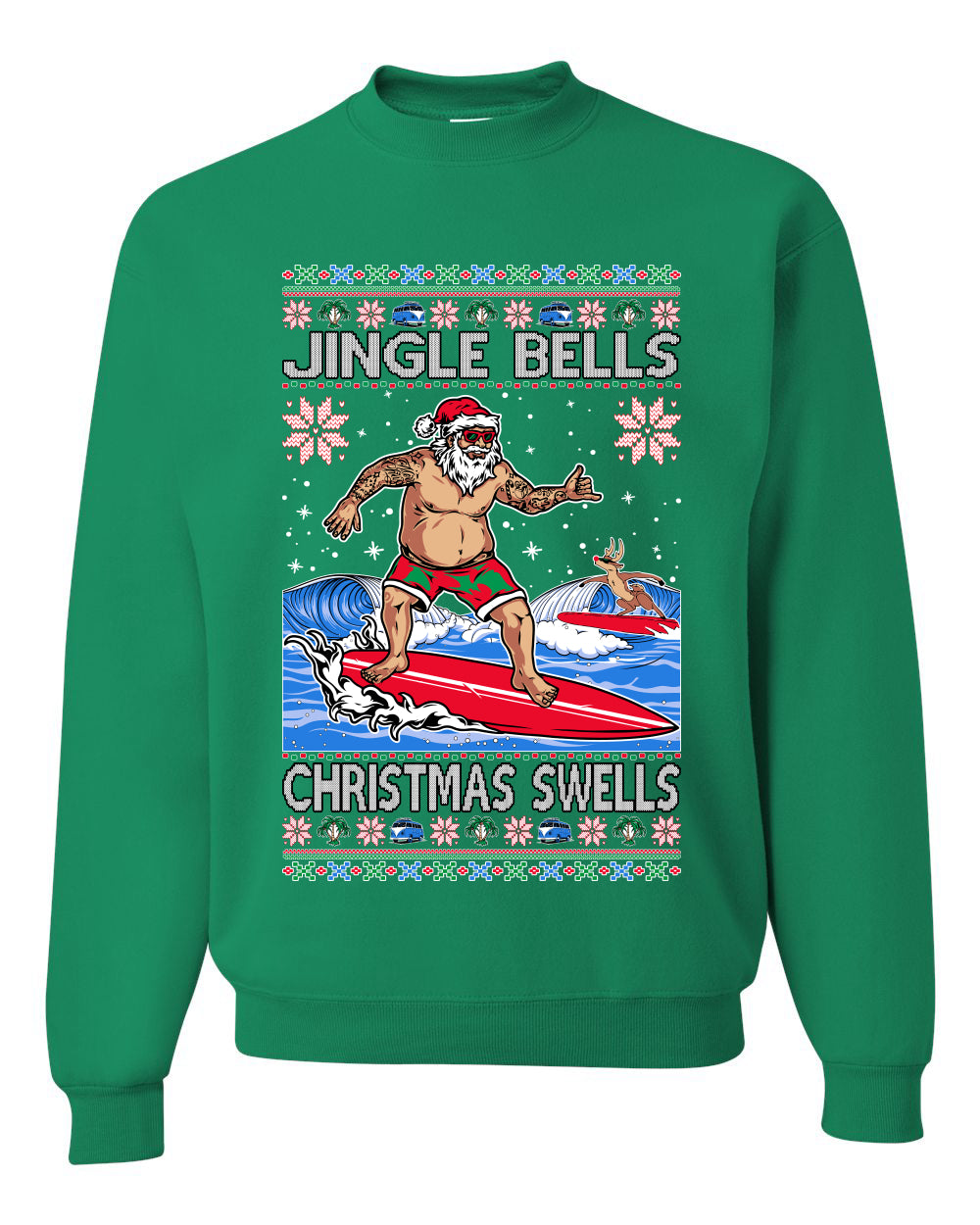 Santa Surfing Jingle Bells Christmas Swells Ugly Christmas Sweater Unisex Crewneck Graphic Sweatshirt
