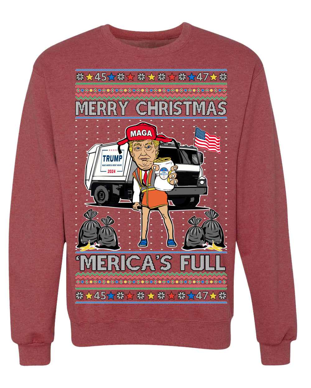 Donald Trump Merry Christmas Merica's Full Garbage Truck Ugly Christmas Sweater Crewneck Sweatshirt