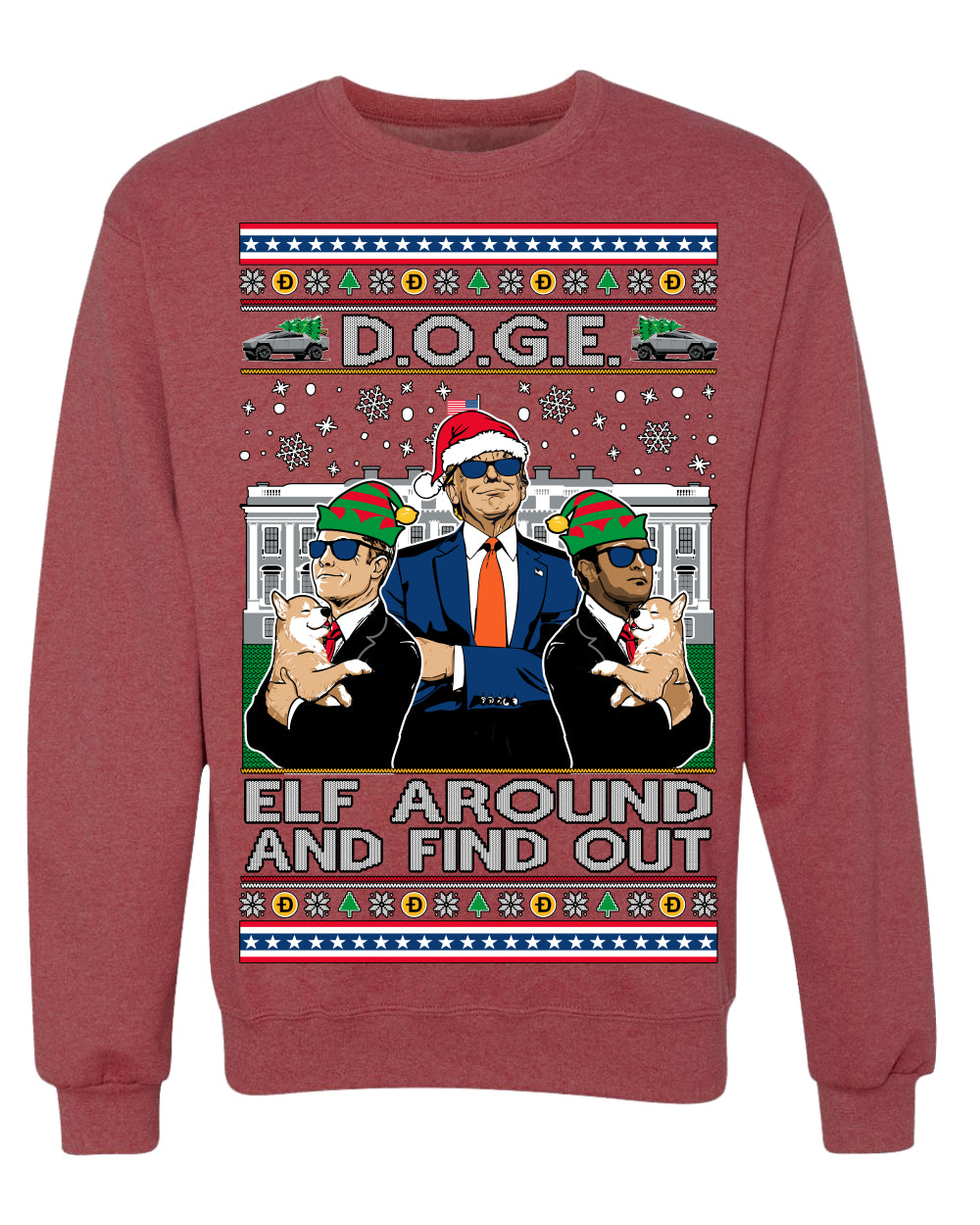 Doge Elf Around and Find Out Trump Elon Vivek MAGA Ugly Christmas Sweater Crewneck Sweatshirt