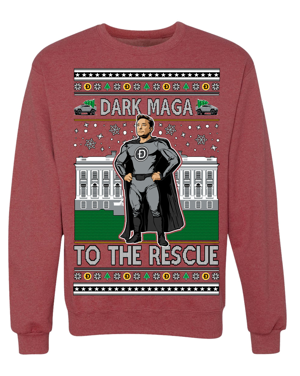 Dark MAGA to the Rescue Elon Superhero Doge Crypto Ugly Christmas Sweater Crewneck Sweatshirt