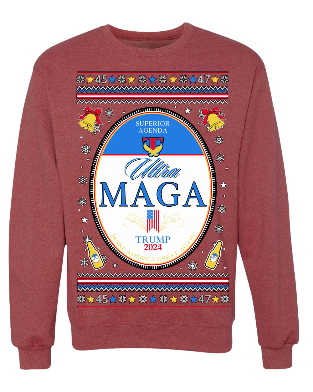 Ultra MAGA Superior Agenda Trump 2024 Funny Beer Logo Ugly Christmas Sweater Crewneck Sweatshirt