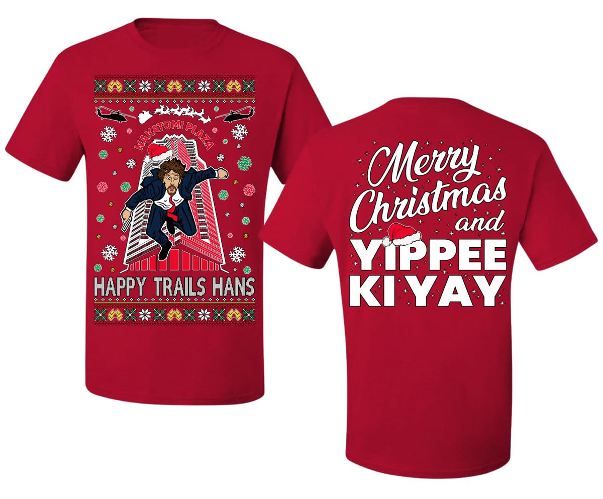 Nakatomi Plaza Happy Trails Hanz Front and Back Ugly Christmas Men's T-Shirt