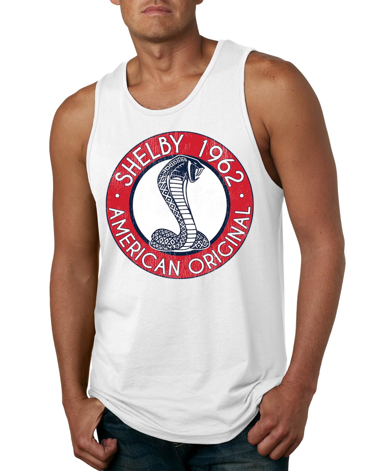 Shelby Cobra USA Logo Emblem Powered by Ford Motors Cars and Trucks Mens Tank Top