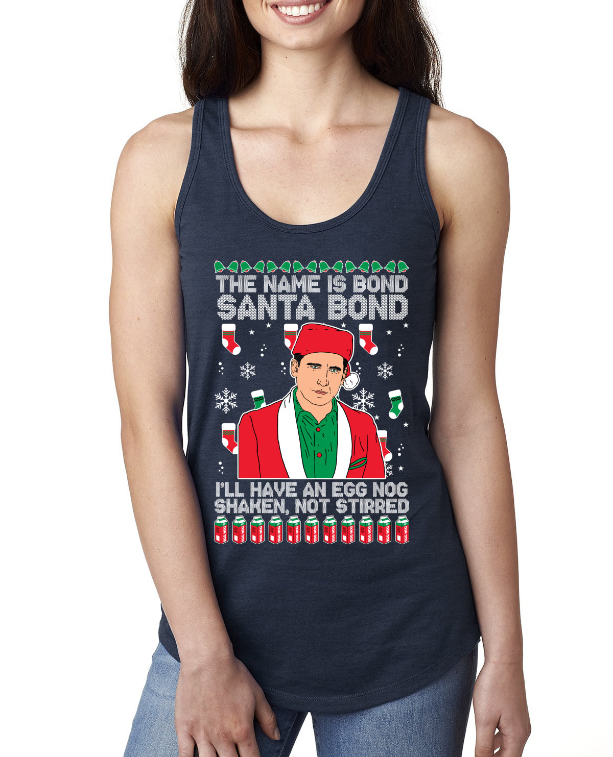 Michael Scott The Name is Bond Santa Bond Ugly Christmas Sweater Ladies Racerback Tank Top