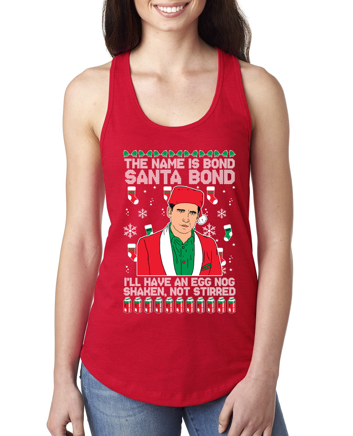 Michael Scott The Name is Bond Santa Bond Ugly Christmas Sweater Ladies Racerback Tank Top