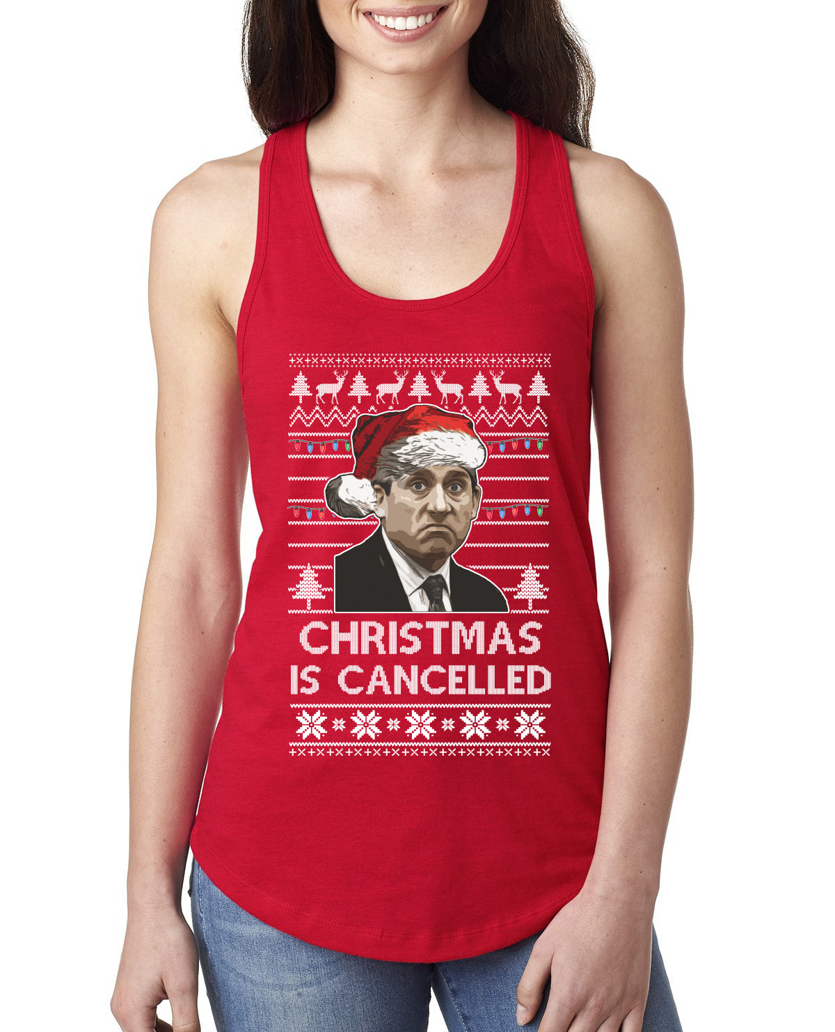 Christmas Is Cancelled Michael Scott Office Ugly Christmas Sweater Ladies Racerback Tank Top