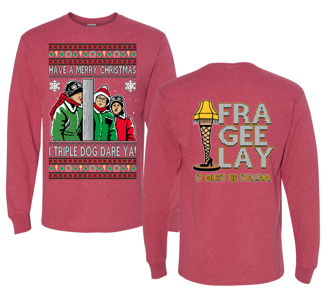 I Triple Dog Dare Ya Merry Story Ugly Christmas Front and Back Sweater Mens Long Sleeve Shirt