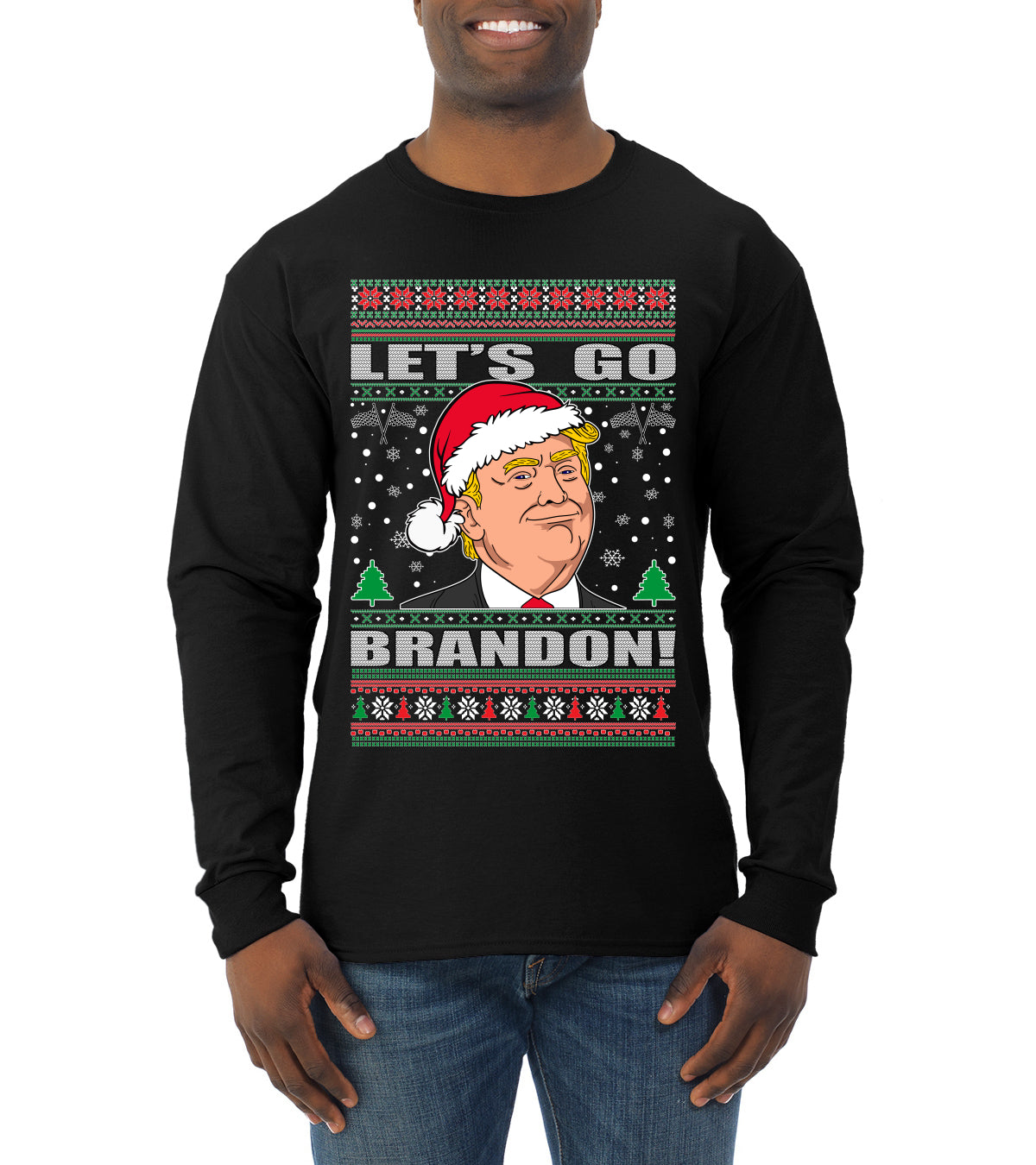Let's Go Brandon Funny Santa Hat Ugly Christmas Sweater Mens Long Sleeve Shirt