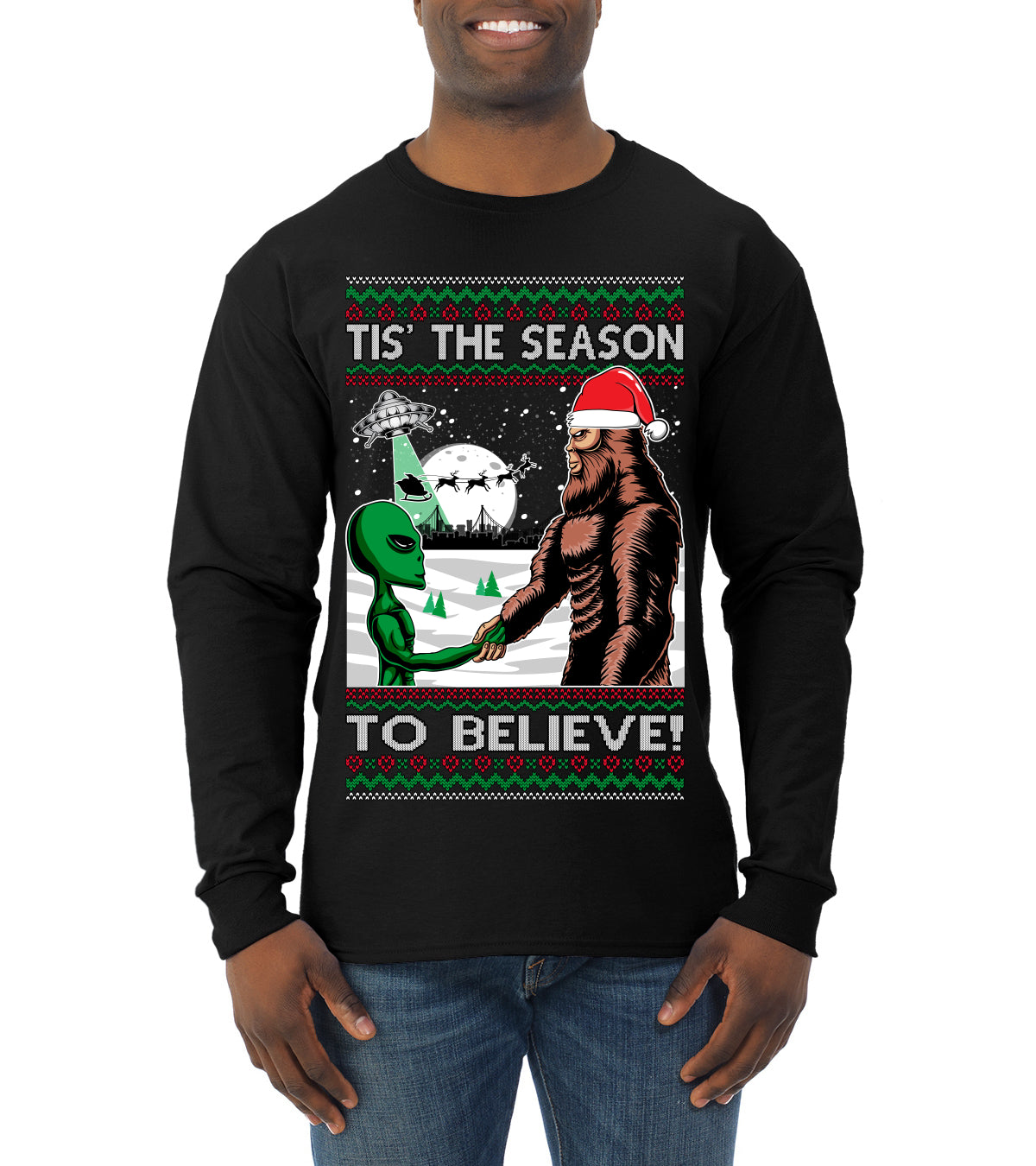 Bigfoot Tis' The Season to Believe in Conspiracies Aliens Ufo Ugly Christmas Sweater Mens Long Sleeve Shirt