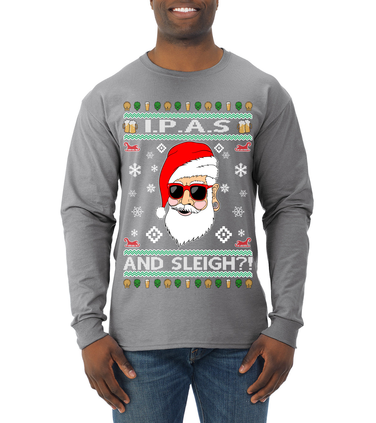 Original Hipster IPAs and Sleigh?! Ugly Christmas Sweater Mens Long Sleeve Shirt