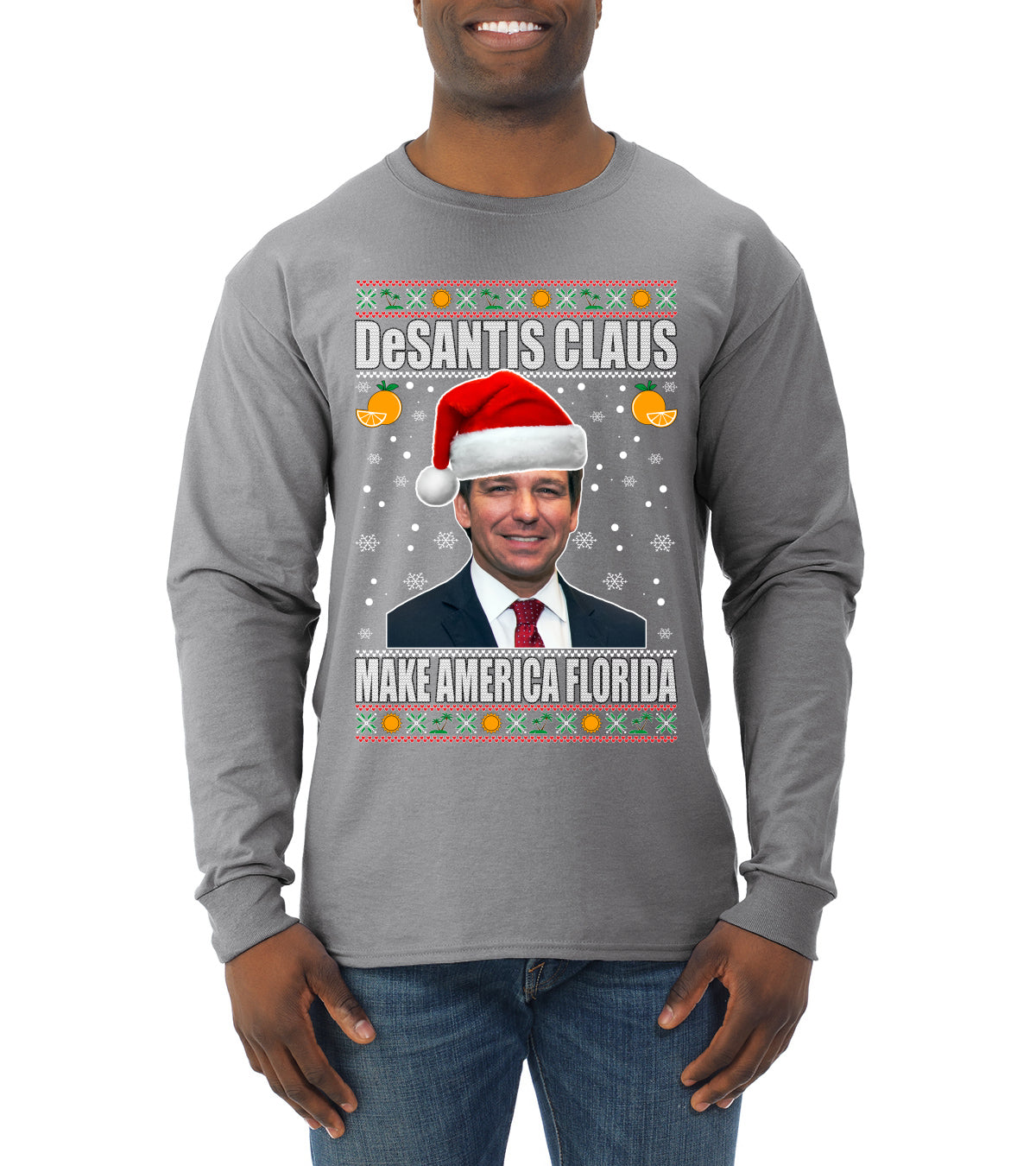 DeSantis Claus Ugly Christmas Sweater Mens Long Sleeve Shirt