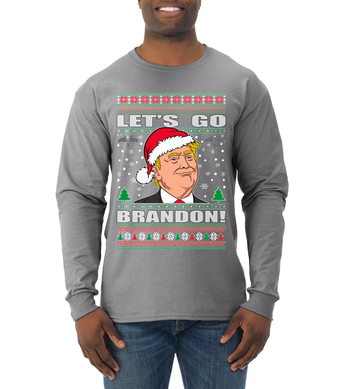 Let's Go Brandon Funny Santa Hat Ugly Christmas Sweater Mens Long Sleeve Shirt