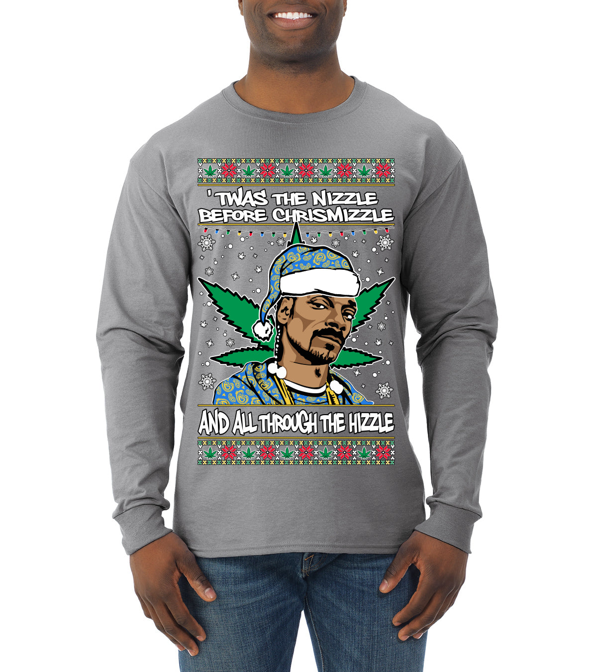 Snoop 'Twas The Nizzle Pot Leaf Weed Funny Ugly Christmas Sweater Mens Long Sleeve Shirt