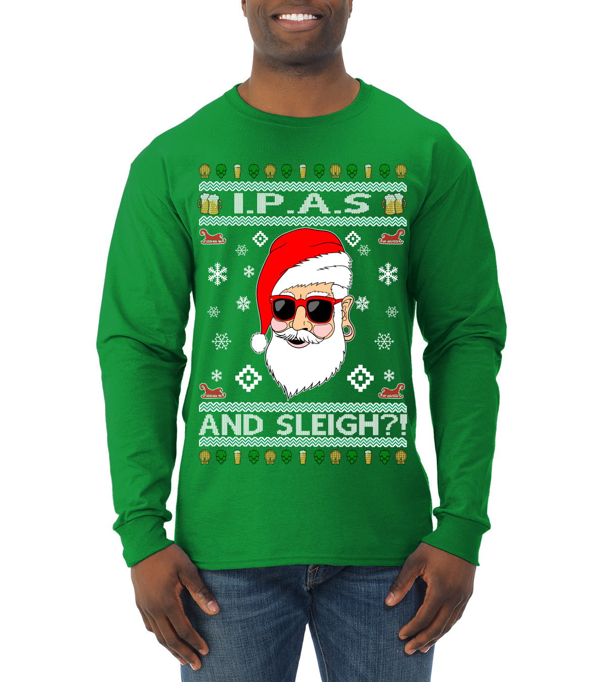 Original Hipster IPAs and Sleigh?! Ugly Christmas Sweater Mens Long Sleeve Shirt
