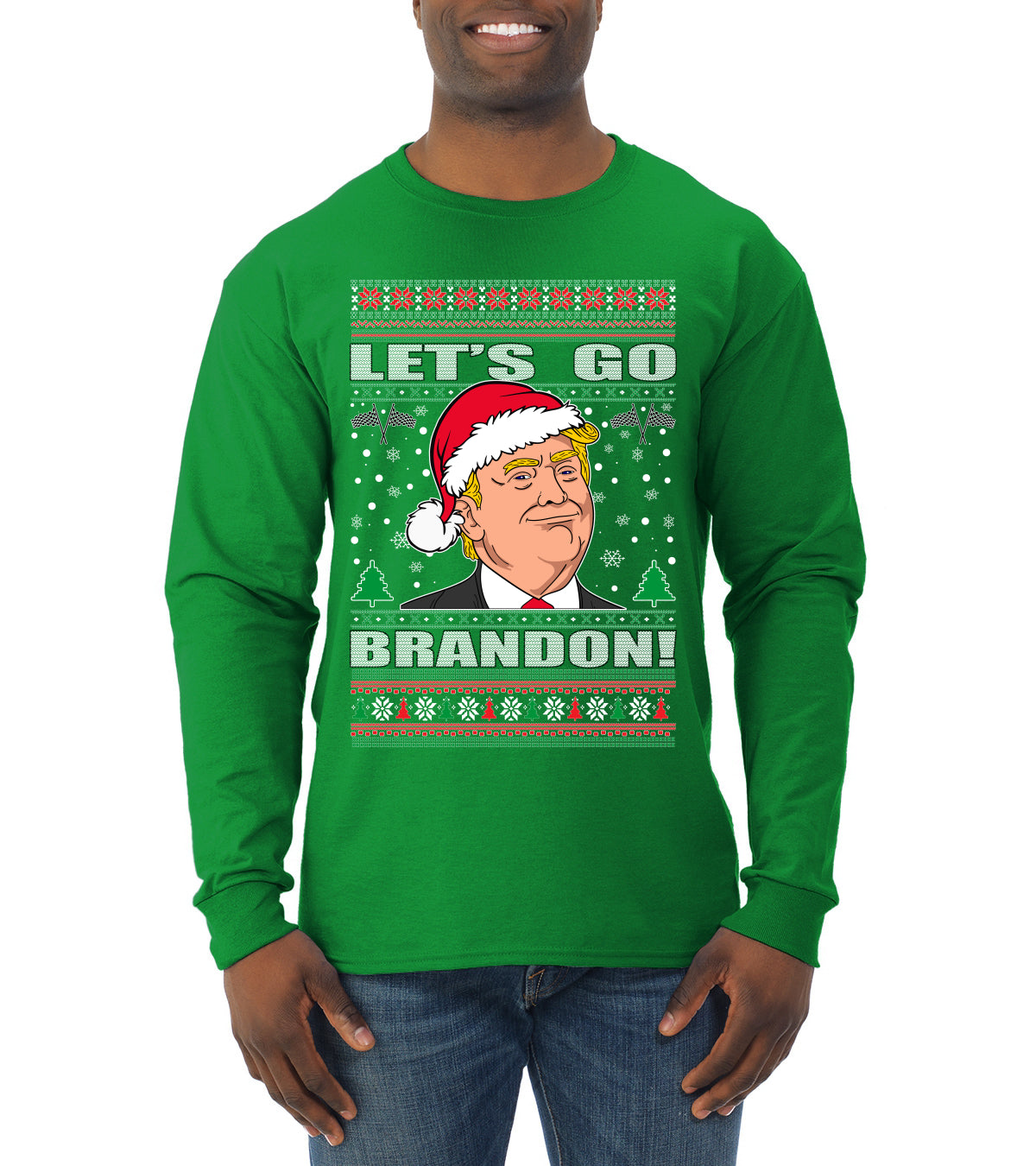 Let's Go Brandon Funny Santa Hat Ugly Christmas Sweater Mens Long Sleeve Shirt