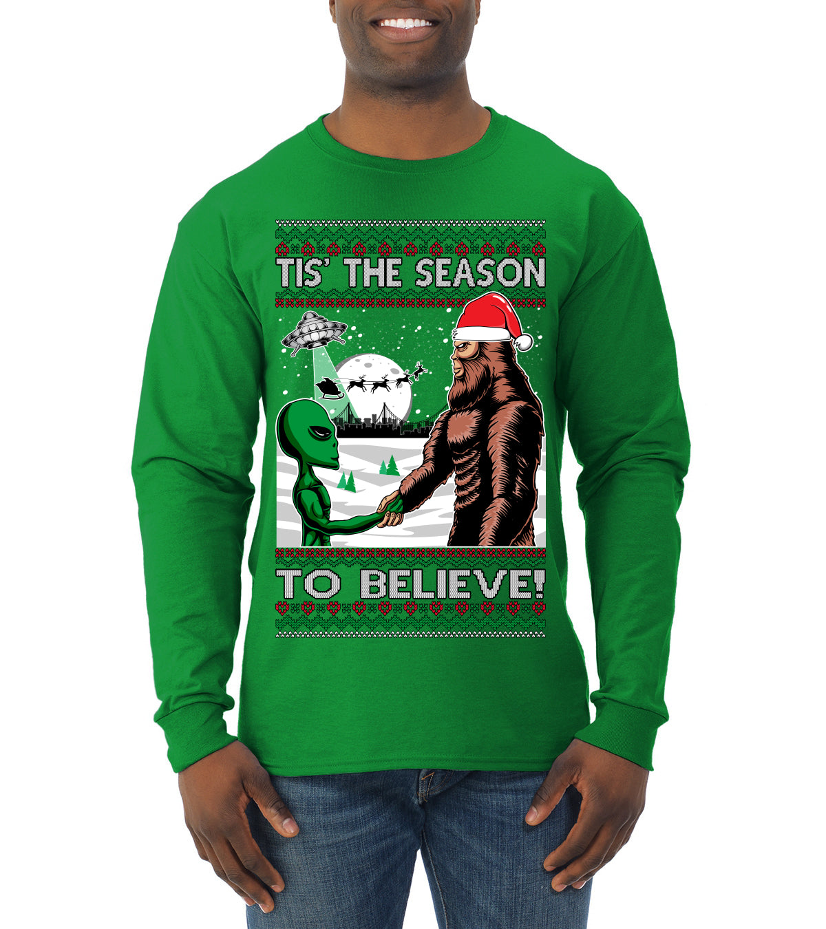 Bigfoot Tis' The Season to Believe in Conspiracies Aliens Ufo Ugly Christmas Sweater Mens Long Sleeve Shirt