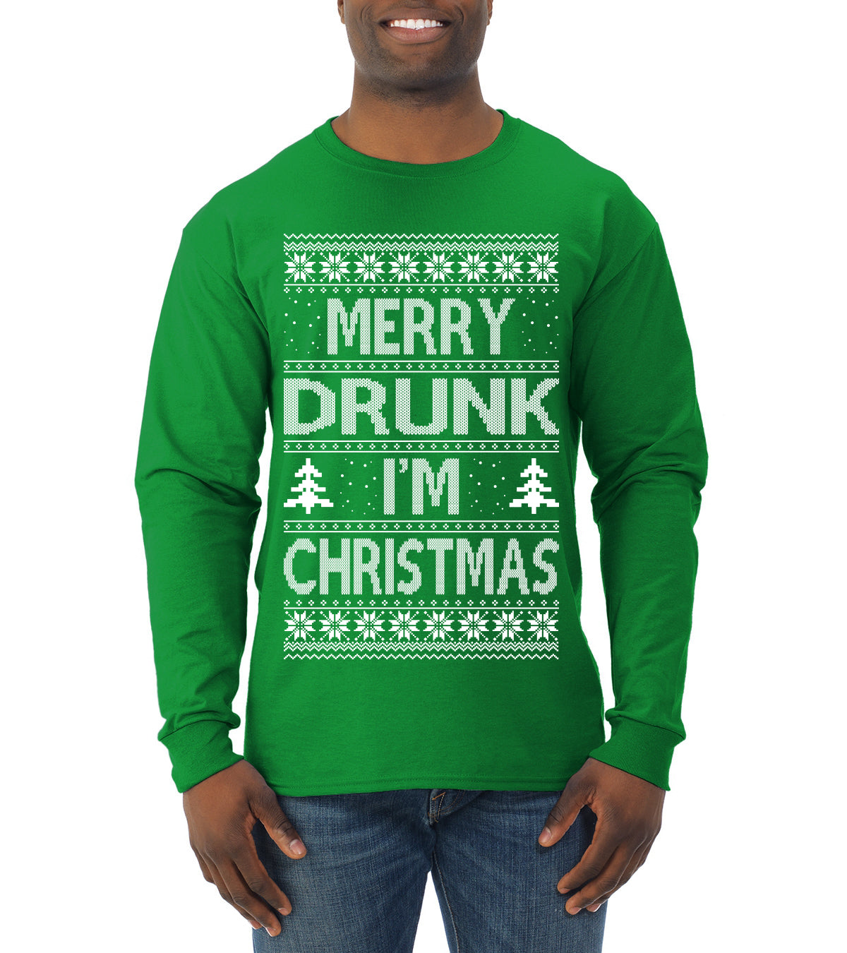 Merry Drunk I'm Christmas Beer Wine Drinking Holiday Humor Ugly Christmas Sweater Mens Long Sleeve Shirt