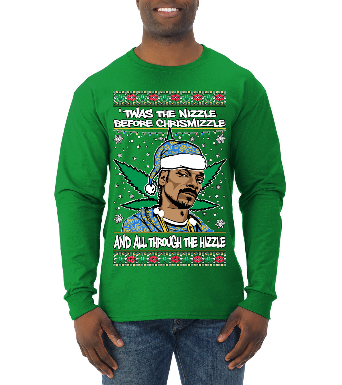Snoop 'Twas The Nizzle Pot Leaf Weed Funny Ugly Christmas Sweater Mens Long Sleeve Shirt