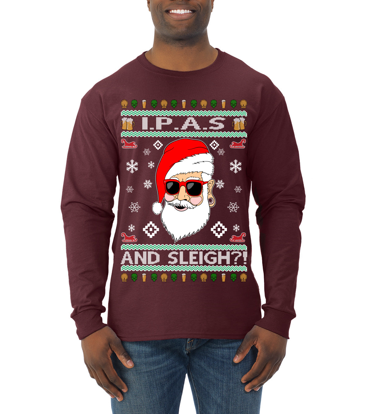 Original Hipster IPAs and Sleigh?! Ugly Christmas Sweater Mens Long Sleeve Shirt