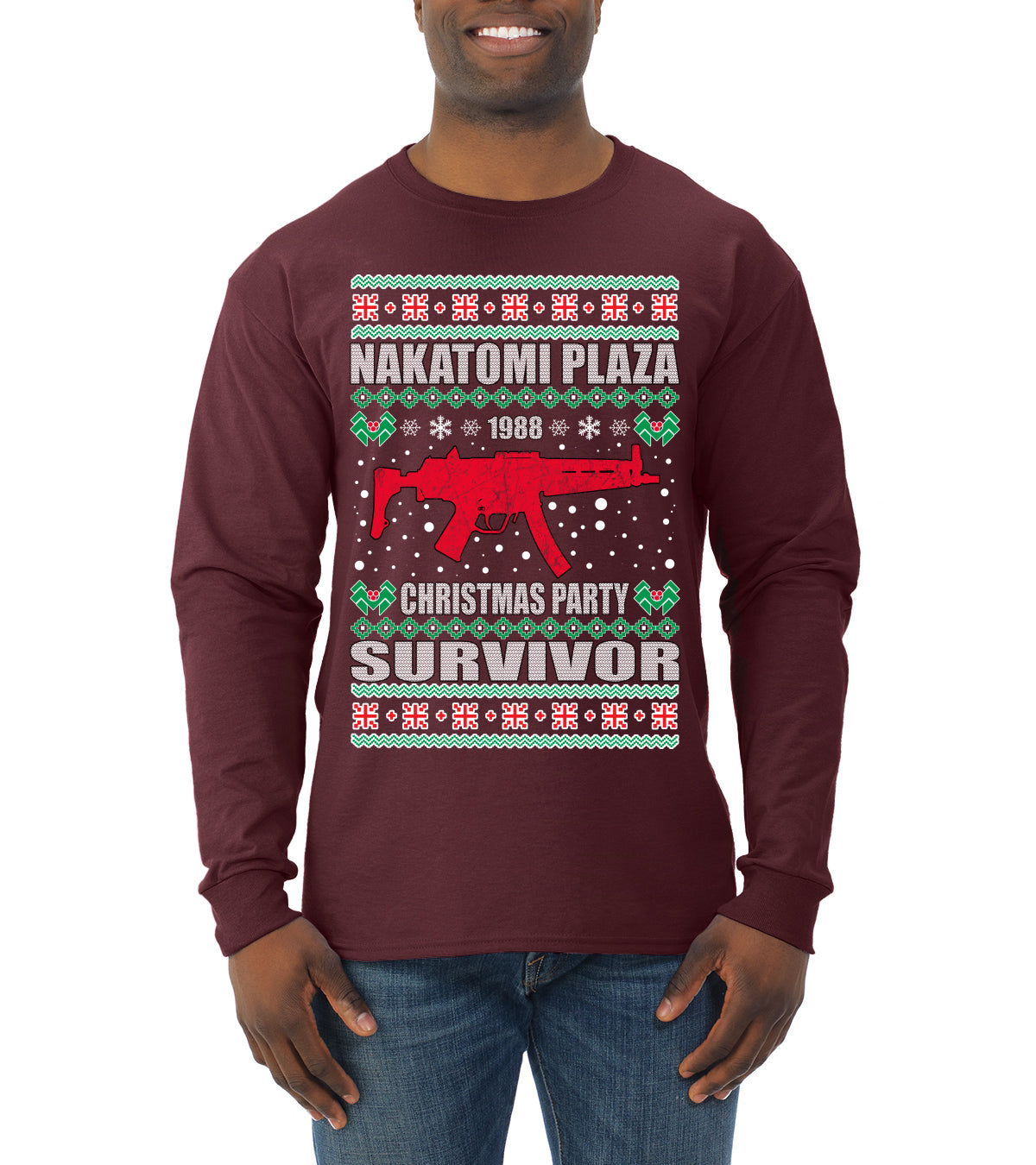 Nakatomi Plaza Christmas Party Survivor Ugly Christmas Sweater Mens Long Sleeve Shirt