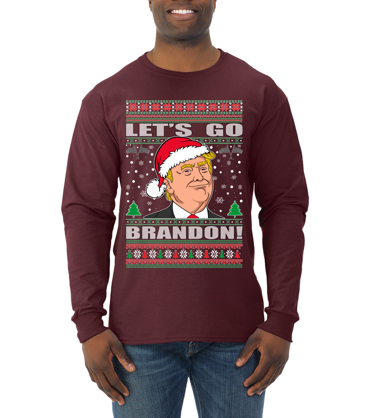 Let's Go Brandon Funny Santa Hat Ugly Christmas Sweater Mens Long Sleeve Shirt