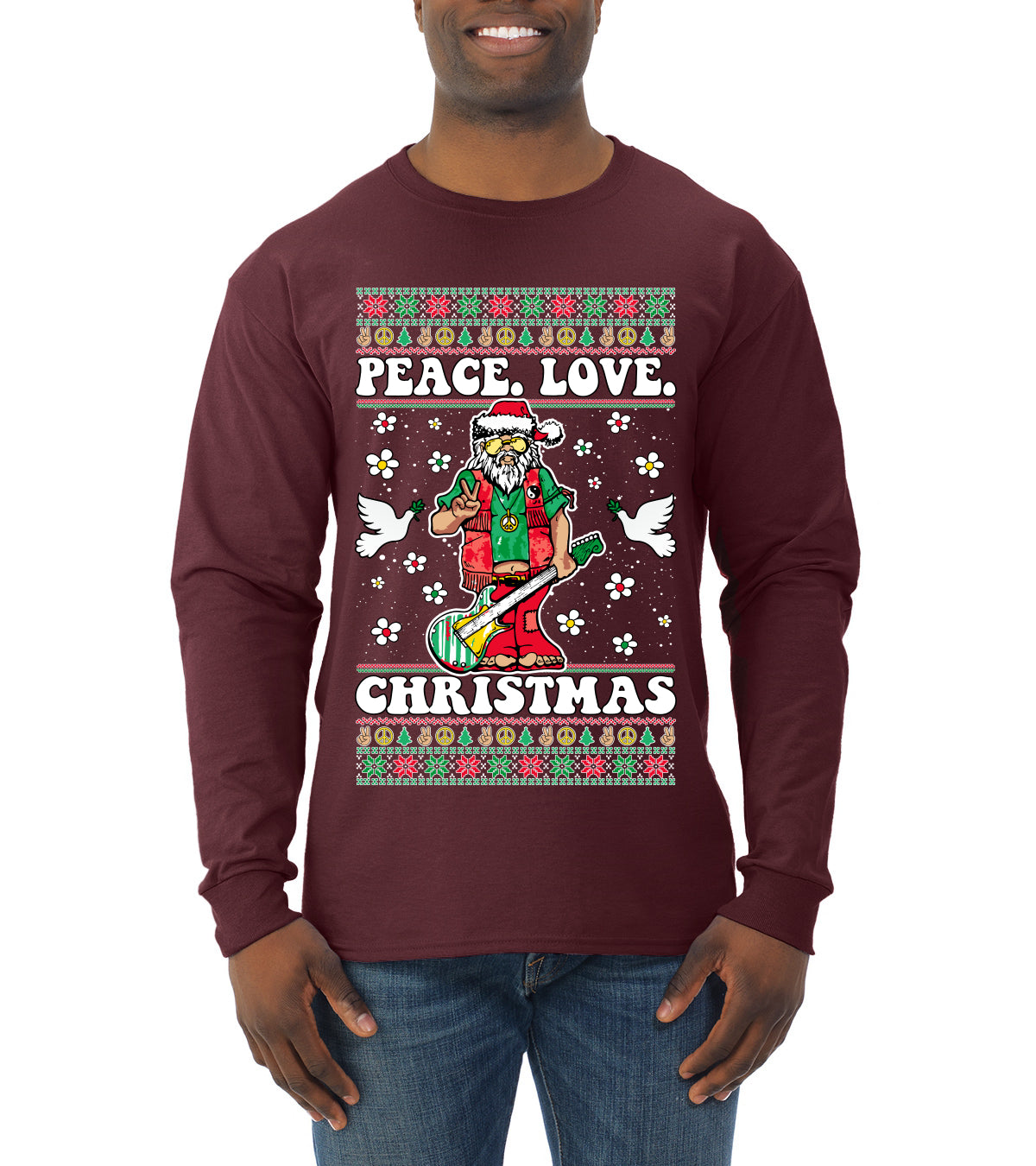 Hippie Santa Playing Guitar Peace Love Ugly Christmas Sweater Mens Long Sleeve Shirt