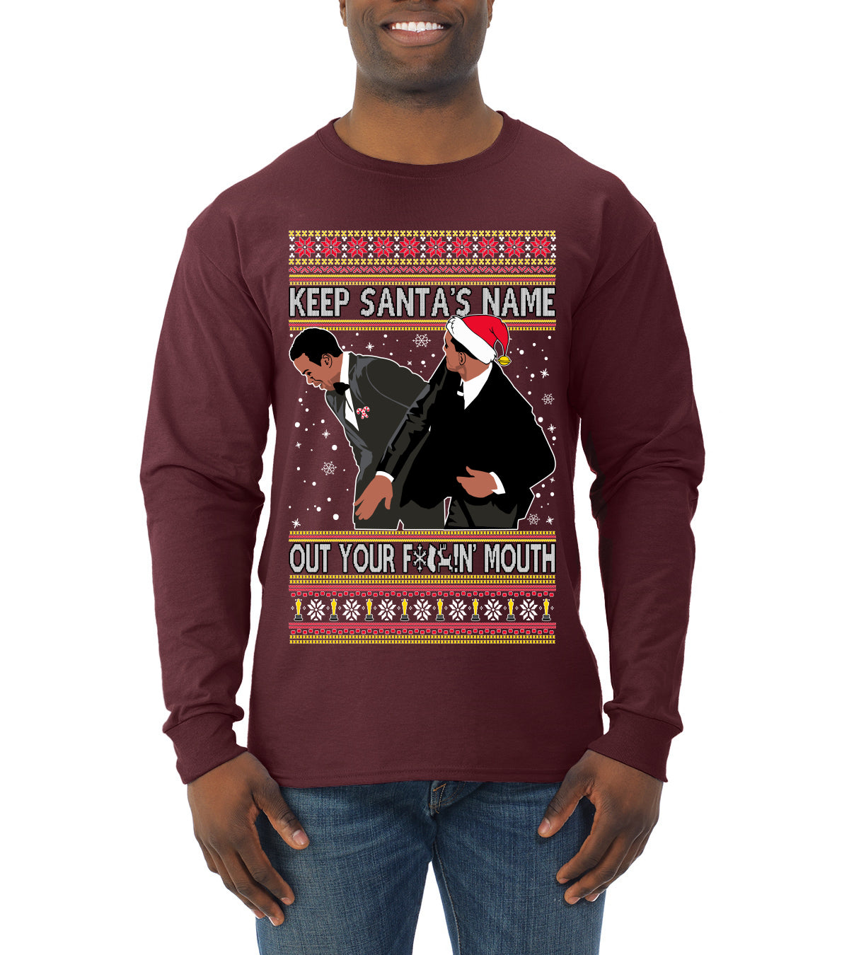 Will Smith Slapping Chris Rock Award Show Meme Clean Ugly Christmas Sweater Mens Long Sleeve Shirt