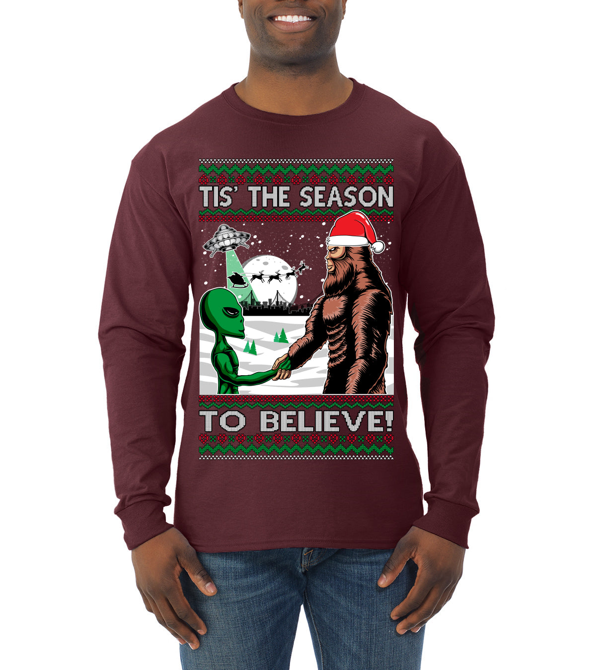 Bigfoot Tis' The Season to Believe in Conspiracies Aliens Ufo Ugly Christmas Sweater Mens Long Sleeve Shirt