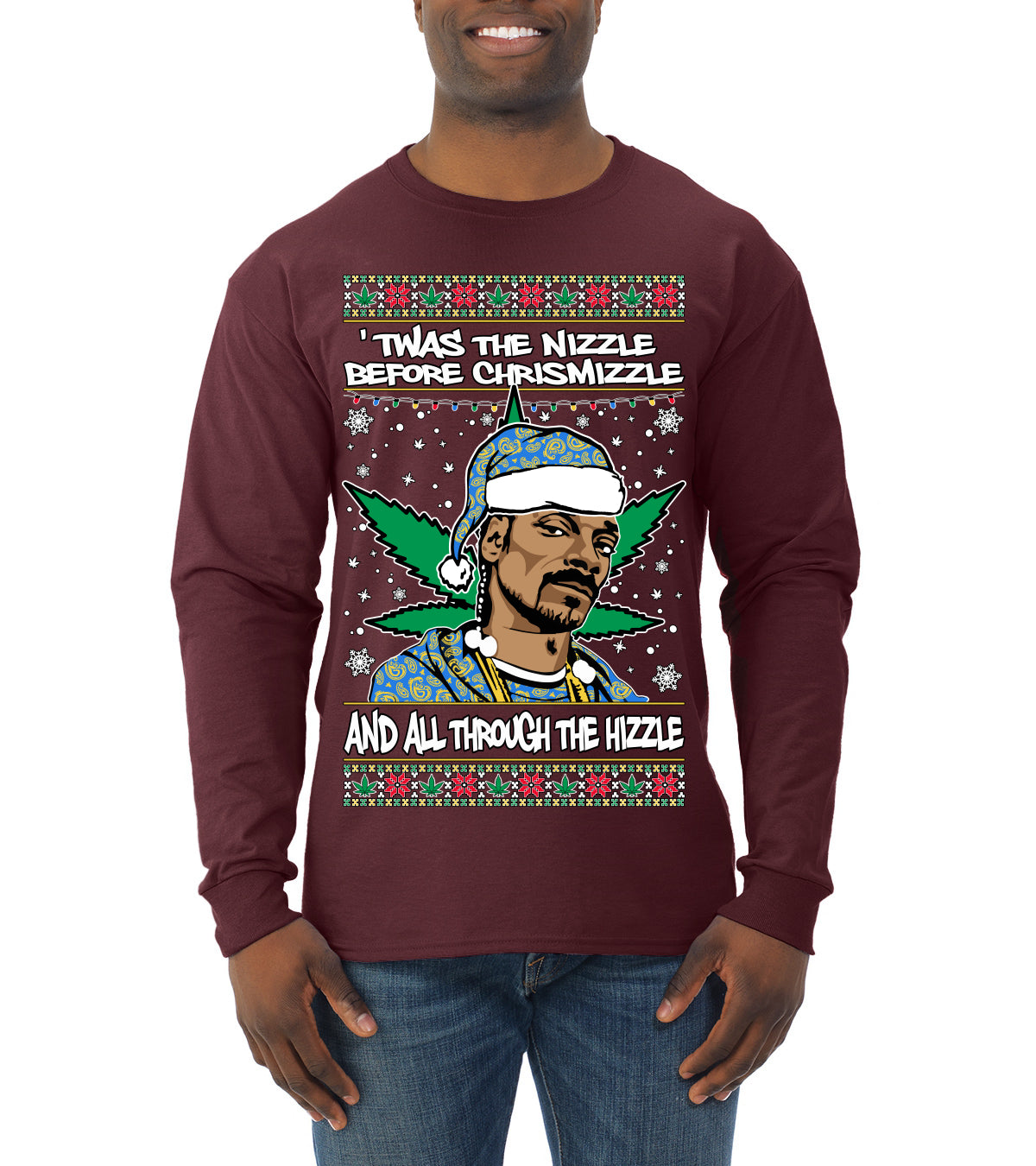 Snoop 'Twas The Nizzle Pot Leaf Weed Funny Ugly Christmas Sweater Mens Long Sleeve Shirt