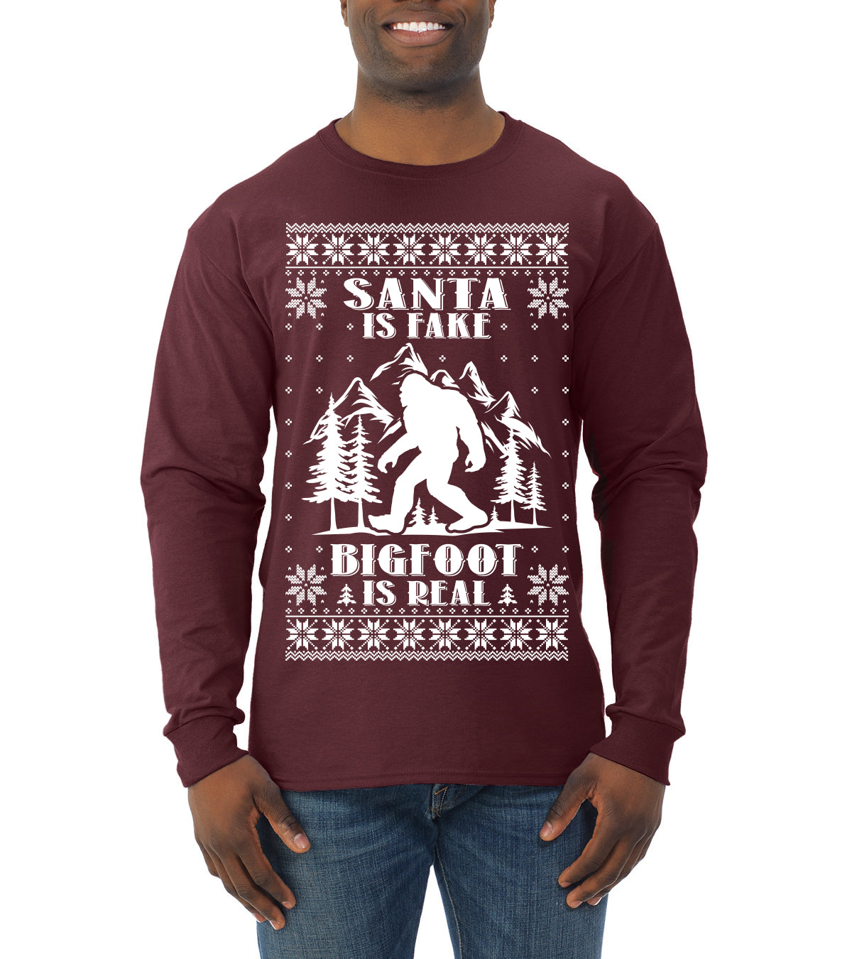 Santa Is Fake Bigfoot Is Real Ugly Christmas Sweater Mens Long Sleeve Shirt