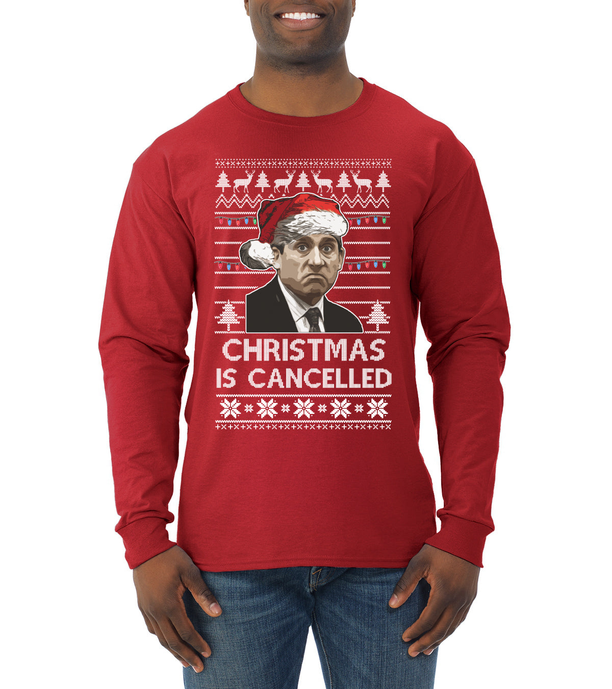 Christmas Is Cancelled Michael Scott Office Ugly Christmas Sweater Mens Long Sleeve Shirt