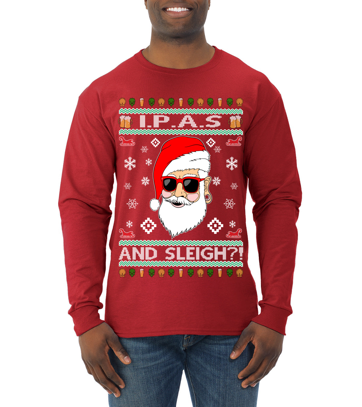Original Hipster IPAs and Sleigh?! Ugly Christmas Sweater Mens Long Sleeve Shirt