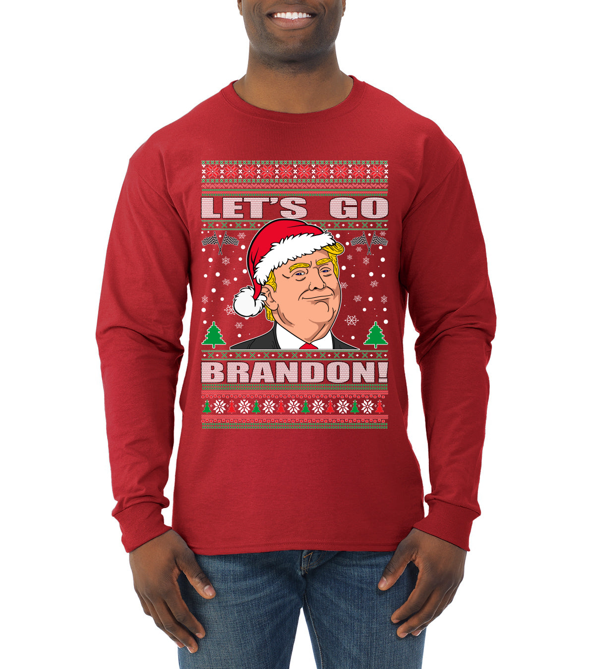 Let's Go Brandon Funny Santa Hat Ugly Christmas Sweater Mens Long Sleeve Shirt